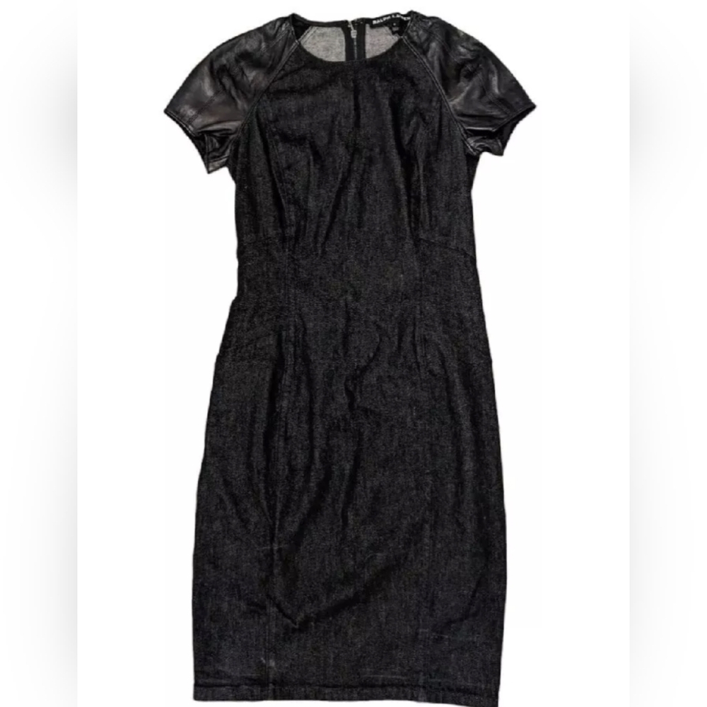Ralph Lauren Black Label Denim Lamb Leather Trim Cocktail Sheath Dress Size 2/4
